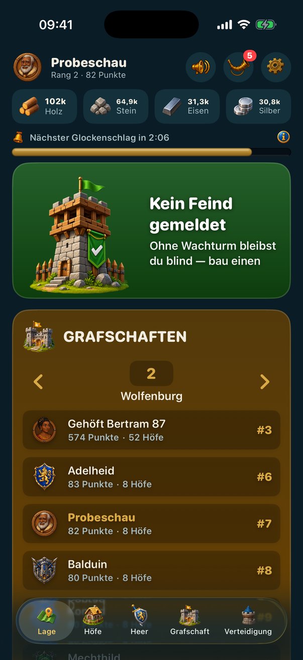 The overview of Land and Crown on iPhone: the watchtower reports no enemy, below it the county browser